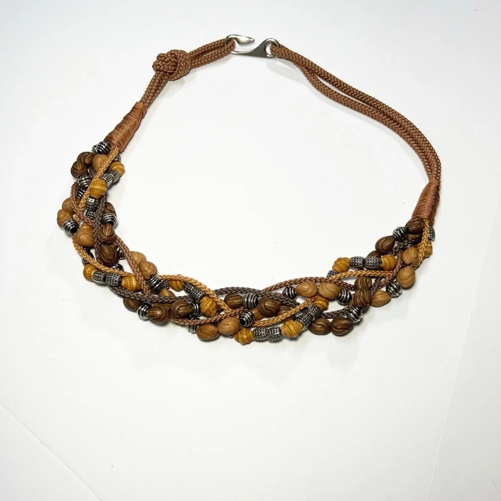 Vintage Woven Belt Wood Beads Silver Hook Women’s S Boho Rustic Artisan Style